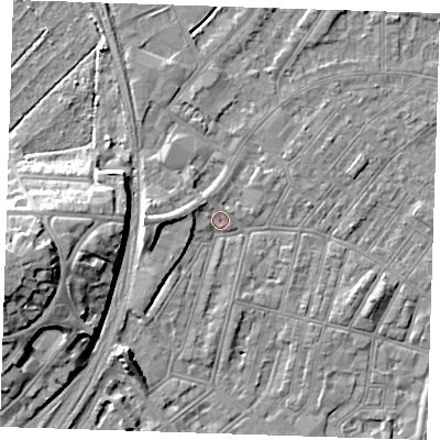 Shaded relief map of the ground around BN228ER, computed from Environment Agency LiDAR. The ground here sits at about 3 m above sea level and falls 15 m across the surrounding 800 m. Surface water reaching this point runs off ground lying to the west-north-west, 2.4 m higher.