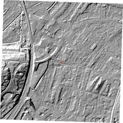 Shaded relief map of the ground around BN228ES, computed from Environment Agency LiDAR. The ground here sits at about 3 m above sea level and falls 14 m across the surrounding 800 m. Surface water reaching this point runs off ground lying to the west, 2.8 m higher.