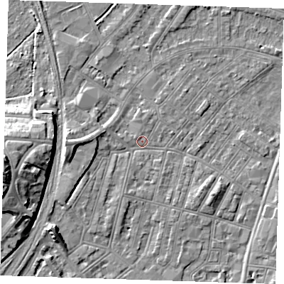 Shaded relief map of the ground around BN228ET, computed from Environment Agency LiDAR. The ground here sits at about 3 m above sea level and falls 14 m across the surrounding 800 m. Surface water reaching this point runs off ground lying to the west, 2.8 m higher.