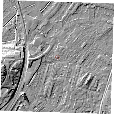 Shaded relief map of the ground around BN228EU, computed from Environment Agency LiDAR. The ground here sits at about 3 m above sea level and falls 14 m across the surrounding 800 m. Surface water reaching this point runs off ground lying to the south-west, 0.8 m higher.