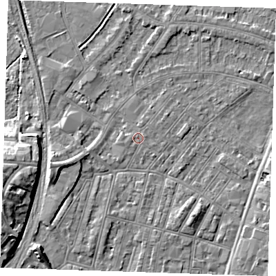 Shaded relief map of the ground around BN228EY, computed from Environment Agency LiDAR. The ground here sits at about 3 m above sea level and falls 11 m across the surrounding 800 m. Surface water reaching this point runs off ground lying to the west-south-west, 0.7 m higher.