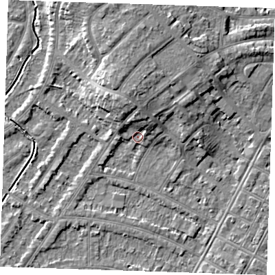 Shaded relief map of the ground around BN228FA, computed from Environment Agency LiDAR. The ground here sits at about 4 m above sea level and falls 8 m across the surrounding 800 m. Surface water reaching this point runs off ground lying to the north, 4.6 m higher.