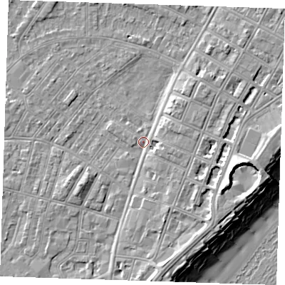Shaded relief map of the ground around BN228FB, computed from Environment Agency LiDAR. The ground here sits at about 3 m above sea level and falls 12 m across the surrounding 800 m. Surface water reaching this point runs off ground lying to the east-south-east, 6.7 m higher.