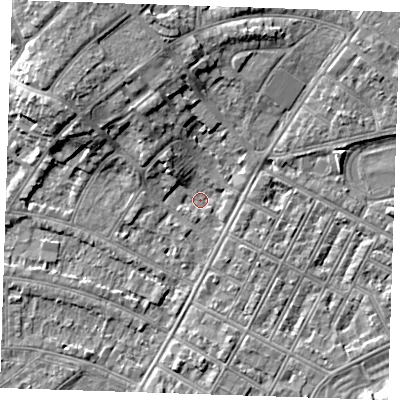 Shaded relief map of the ground around BN228FE, computed from Environment Agency LiDAR. The ground here sits at about 3 m above sea level and falls 8 m across the surrounding 800 m. Surface water reaching this point runs off ground lying to the north-west, 5.9 m higher.