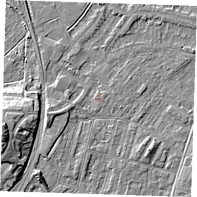 Shaded relief map of the ground around BN228HB, computed from Environment Agency LiDAR. The ground here sits at about 3 m above sea level and falls 14 m across the surrounding 800 m. Surface water reaching this point runs off ground lying to the north, 0.8 m higher.