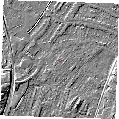 Shaded relief map of the ground around BN228HD, computed from Environment Agency LiDAR. The ground here sits at about 3 m above sea level and falls 11 m across the surrounding 800 m. Surface water reaching this point runs off ground lying to the south-west, 0.8 m higher.