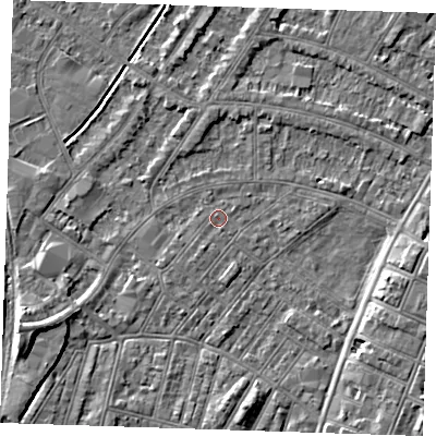 Shaded relief map of the ground around BN228HE, computed from Environment Agency LiDAR. The ground here sits at about 3 m above sea level and falls 8 m across the surrounding 800 m. Surface water reaching this point runs off ground lying to the south-south-west, 1.2 m higher.