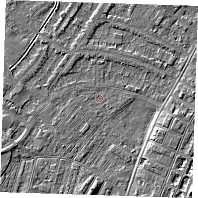 Shaded relief map of the ground around BN228HG, computed from Environment Agency LiDAR. The ground here sits at about 2 m above sea level and falls 8 m across the surrounding 800 m. Surface water reaching this point runs off ground lying to the south-east, 4.5 m higher.