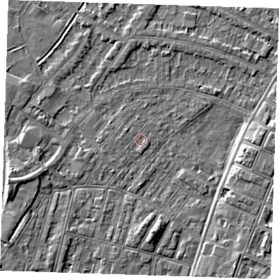 Shaded relief map of the ground around BN228HH, computed from Environment Agency LiDAR. The ground here sits at about 3 m above sea level and falls 8 m across the surrounding 800 m. Surface water reaching this point runs off ground lying to the south-east, 4.0 m higher.