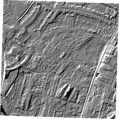 Shaded relief map of the ground around BN228HN, computed from Environment Agency LiDAR. The ground here sits at about 3 m above sea level and falls 8 m across the surrounding 800 m. Surface water reaching this point runs off ground lying to the west, 0.8 m higher.