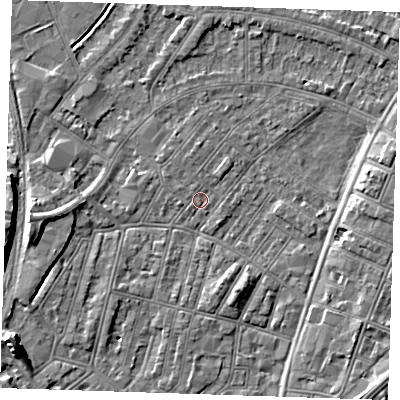 Shaded relief map of the ground around BN228HP, computed from Environment Agency LiDAR. The ground here sits at about 3 m above sea level and falls 9 m across the surrounding 800 m. Surface water reaching this point runs off ground lying to the north-west, 0.8 m higher.