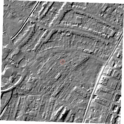 Shaded relief map of the ground around BN228HQ, computed from Environment Agency LiDAR. The ground here sits at about 2 m above sea level and falls 7 m across the surrounding 800 m. Surface water reaching this point runs off ground lying to the south-south-west, 1.4 m higher.