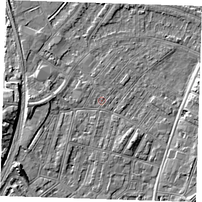 Shaded relief map of the ground around BN228HS, computed from Environment Agency LiDAR. The ground here sits at about 3 m above sea level and falls 11 m across the surrounding 800 m. Surface water reaching this point runs off ground lying to the west, 3.0 m higher.