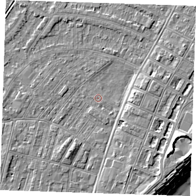 Shaded relief map of the ground around BN228JA, computed from Environment Agency LiDAR. The ground here sits at about 2 m above sea level and falls 12 m across the surrounding 800 m. Surface water reaching this point runs off ground lying to the south-south-east, 3.5 m higher.