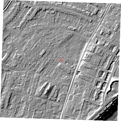 Shaded relief map of the ground around BN228JB, computed from Environment Agency LiDAR. The ground here sits at about 2 m above sea level and falls 12 m across the surrounding 800 m. Surface water reaching this point runs off ground lying to the east-south-east, 7.5 m higher.