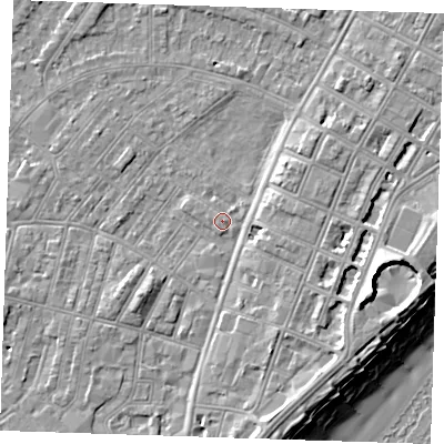 Shaded relief map of the ground around BN228JE, computed from Environment Agency LiDAR. The ground here sits at about 3 m above sea level and falls 12 m across the surrounding 800 m. Surface water reaching this point runs off ground lying to the south-south-east, 0.7 m higher.