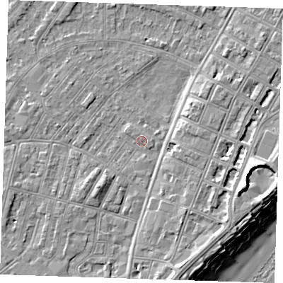 Shaded relief map of the ground around BN228JF, computed from Environment Agency LiDAR. The ground here sits at about 3 m above sea level and falls 12 m across the surrounding 800 m. Surface water reaching this point runs off ground lying to the north, 0.9 m higher.
