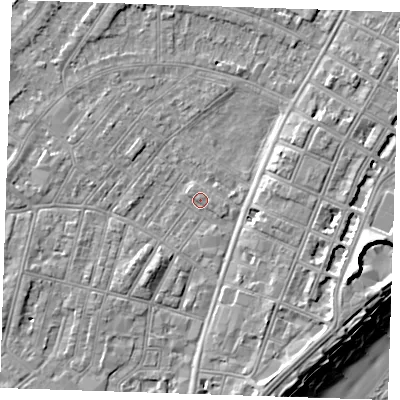 Shaded relief map of the ground around BN228JG, computed from Environment Agency LiDAR. The ground here sits at about 3 m above sea level and falls 12 m across the surrounding 800 m. Surface water reaching this point runs off ground lying to the east-south-east, 0.9 m higher.