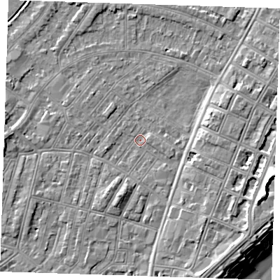 Shaded relief map of the ground around BN228JH, computed from Environment Agency LiDAR. The ground here sits at about 2 m above sea level and falls 12 m across the surrounding 800 m. Surface water reaching this point runs off ground lying to the south-south-east, 4.6 m higher.