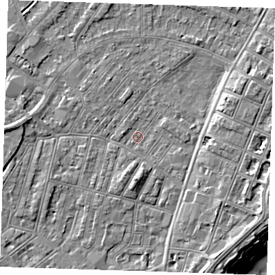 Shaded relief map of the ground around BN228JJ, computed from Environment Agency LiDAR. The ground here sits at about 2 m above sea level and falls 10 m across the surrounding 800 m. Surface water reaching this point runs off ground lying to the south-south-east, 4.6 m higher.