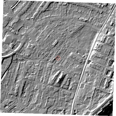 Shaded relief map of the ground around BN228JL, computed from Environment Agency LiDAR. The ground here sits at about 2 m above sea level and falls 11 m across the surrounding 800 m. Surface water reaching this point runs off ground lying to the south-south-east, 4.6 m higher.