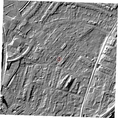 Shaded relief map of the ground around BN228JN, computed from Environment Agency LiDAR. The ground here sits at about 3 m above sea level and falls 8 m across the surrounding 800 m. Surface water reaching this point runs off ground lying to the south-east, 1.0 m higher.