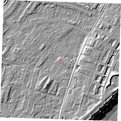 Shaded relief map of the ground around BN228JQ, computed from Environment Agency LiDAR. The ground here sits at about 3 m above sea level and falls 12 m across the surrounding 800 m. Surface water reaching this point runs off ground lying to the north-west, 0.9 m higher.