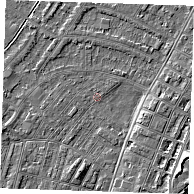 Shaded relief map of the ground around BN228JR, computed from Environment Agency LiDAR. The ground here sits at about 2 m above sea level and falls 8 m across the surrounding 800 m. Surface water reaching this point runs off ground lying to the south-east, 4.5 m higher.