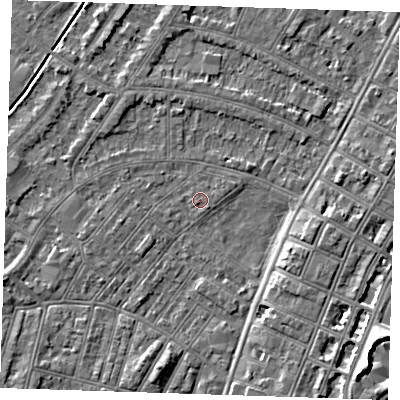 Shaded relief map of the ground around BN228JT, computed from Environment Agency LiDAR. The ground here sits at about 3 m above sea level and falls 8 m across the surrounding 800 m. Surface water reaching this point runs off ground lying to the south-east, 4.4 m higher.