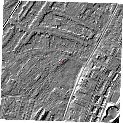 Shaded relief map of the ground around BN228JU, computed from Environment Agency LiDAR. The ground here sits at about 3 m above sea level and falls 8 m across the surrounding 800 m. Surface water reaching this point runs off ground lying to the south-east, 4.5 m higher.