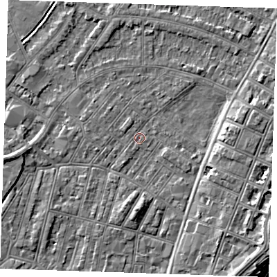 Shaded relief map of the ground around BN228JW, computed from Environment Agency LiDAR. The ground here sits at about 2 m above sea level and falls 7 m across the surrounding 800 m. Surface water reaching this point runs off ground lying to the south-east, 4.9 m higher.