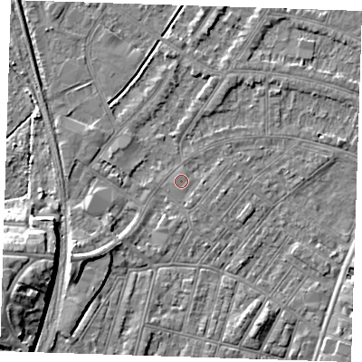 Shaded relief map of the ground around BN228LA, computed from Environment Agency LiDAR. The ground here sits at about 3 m above sea level and falls 11 m across the surrounding 800 m. Surface water reaching this point runs off ground lying to the south-west, 3.7 m higher.