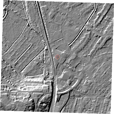 Shaded relief map of the ground around BN228LD, computed from Environment Agency LiDAR. The ground here sits at about 3 m above sea level and falls 15 m across the surrounding 800 m. The ground contributing surface water to this point lies to the south.