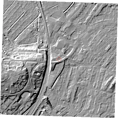 Shaded relief map of the ground around BN228LE, computed from Environment Agency LiDAR. The ground here sits at about 4 m above sea level and falls 15 m across the surrounding 800 m. Surface water reaching this point runs off ground lying to the west-south-west, 4.6 m higher.