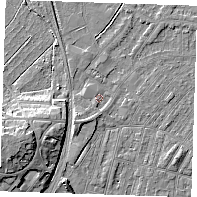 Shaded relief map of the ground around BN228LG, computed from Environment Agency LiDAR. The ground here sits at about 3 m above sea level and falls 15 m across the surrounding 800 m. Surface water reaching this point runs off ground lying to the south-west, 6.4 m higher.