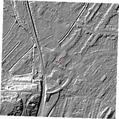 Shaded relief map of the ground around BN228LP, computed from Environment Agency LiDAR. The ground here sits at about 3 m above sea level and falls 14 m across the surrounding 800 m. Surface water reaching this point runs off ground lying to the south-south-west, 1.0 m higher.