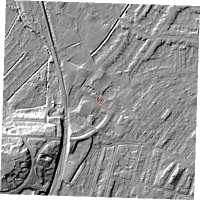 Shaded relief map of the ground around BN228LQ, computed from Environment Agency LiDAR. The ground here sits at about 3 m above sea level and falls 14 m across the surrounding 800 m. Surface water reaching this point runs off ground lying to the south-west, 10.4 m higher.