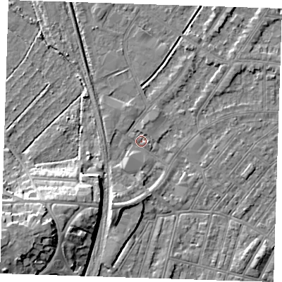 Shaded relief map of the ground around BN228LR, computed from Environment Agency LiDAR. The ground here sits at about 3 m above sea level and falls 14 m across the surrounding 800 m. Surface water reaching this point runs off ground lying to the south-west, 10.0 m higher.