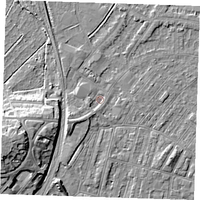 Shaded relief map of the ground around BN228LS, computed from Environment Agency LiDAR. The ground here sits at about 2 m above sea level and falls 15 m across the surrounding 800 m. Surface water reaching this point runs off ground lying to the south-west, 6.1 m higher.