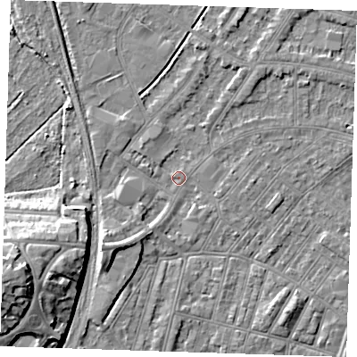 Shaded relief map of the ground around BN228LT, computed from Environment Agency LiDAR. The ground here sits at about 3 m above sea level and falls 14 m across the surrounding 800 m. Surface water reaching this point runs off ground lying to the west-south-west, 10.3 m higher.