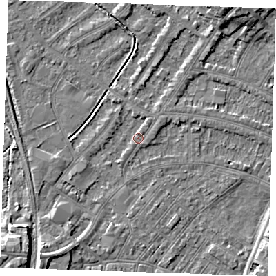 Shaded relief map of the ground around BN228LU, computed from Environment Agency LiDAR. The ground here sits at about 3 m above sea level and falls 11 m across the surrounding 800 m. Surface water reaching this point runs off ground lying to the south-west, 7.8 m higher.