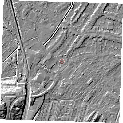 Shaded relief map of the ground around BN228LW, computed from Environment Agency LiDAR. The ground here sits at about 2 m above sea level and falls 14 m across the surrounding 800 m. Surface water reaching this point runs off ground lying to the south-west, 10.4 m higher.