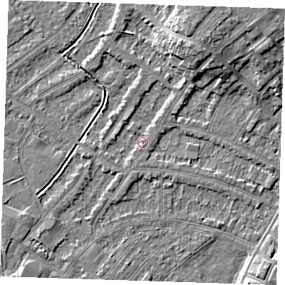 Shaded relief map of the ground around BN228LX, computed from Environment Agency LiDAR. The ground here sits at about 3 m above sea level and falls 8 m across the surrounding 800 m. Surface water reaching this point runs off ground lying to the south-west, 1.4 m higher.