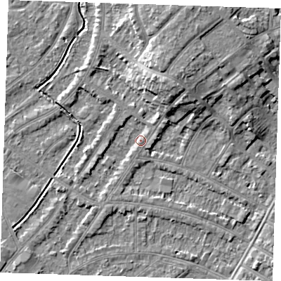 Shaded relief map of the ground around BN228LY, computed from Environment Agency LiDAR. The ground here sits at about 3 m above sea level and falls 8 m across the surrounding 800 m. Surface water reaching this point runs off ground lying to the north-east, 1.8 m higher.
