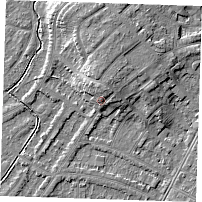 Shaded relief map of the ground around BN228NA, computed from Environment Agency LiDAR. The ground here sits at about 7 m above sea level and falls 8 m across the surrounding 800 m. Surface water reaching this point runs off ground lying to the north-north-east, 4.3 m higher.