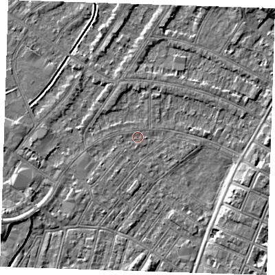 Shaded relief map of the ground around BN228NE, computed from Environment Agency LiDAR. The ground here sits at about 2 m above sea level and falls 8 m across the surrounding 800 m. Surface water reaching this point runs off ground lying to the south-west, 1.2 m higher.