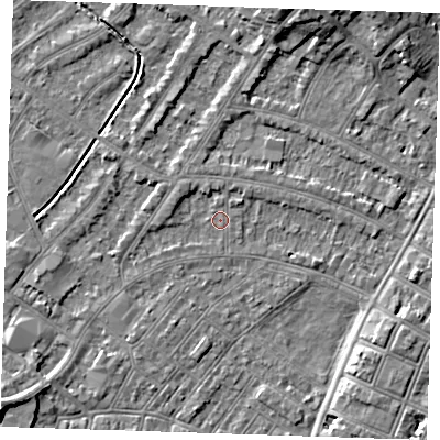 Shaded relief map of the ground around BN228NG, computed from Environment Agency LiDAR. The ground here sits at about 2 m above sea level and falls 7 m across the surrounding 800 m. Surface water reaching this point runs off ground lying to the south-west, 6.1 m higher.
