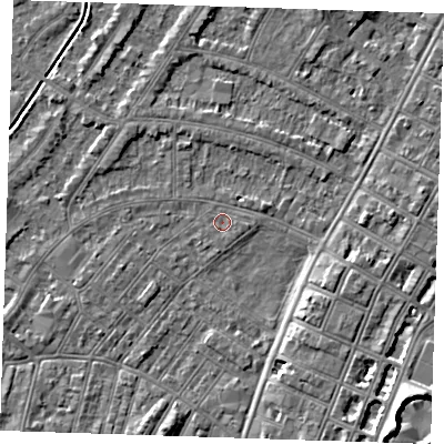 Shaded relief map of the ground around BN228NL, computed from Environment Agency LiDAR. The ground here sits at about 2 m above sea level and falls 8 m across the surrounding 800 m. Surface water reaching this point runs off ground lying to the south-east, 4.4 m higher.