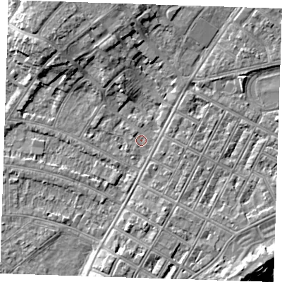 Shaded relief map of the ground around BN228NP, computed from Environment Agency LiDAR. The ground here sits at about 3 m above sea level and falls 10 m across the surrounding 800 m. Surface water reaching this point runs off ground lying to the north-west, 0.8 m higher.