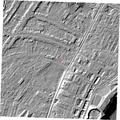 Shaded relief map of the ground around BN228NQ, computed from Environment Agency LiDAR. The ground here sits at about 2 m above sea level and falls 12 m across the surrounding 800 m. Surface water reaching this point runs off ground lying to the north-north-east, 4.2 m higher.